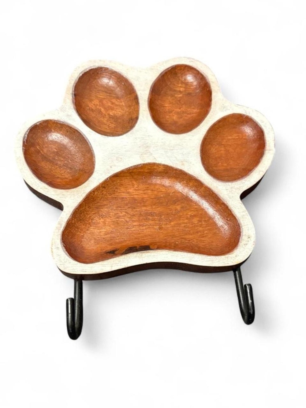 Wooden Paw-Shaped Pet Leash and Key Holder - White and Brown